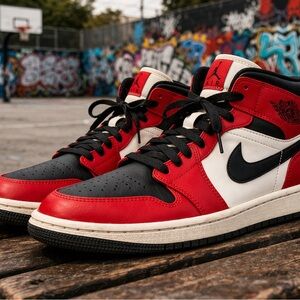 Jordan 1 Mid Chicago Red White Black Sneakers Size 7Y Basketball Shoes